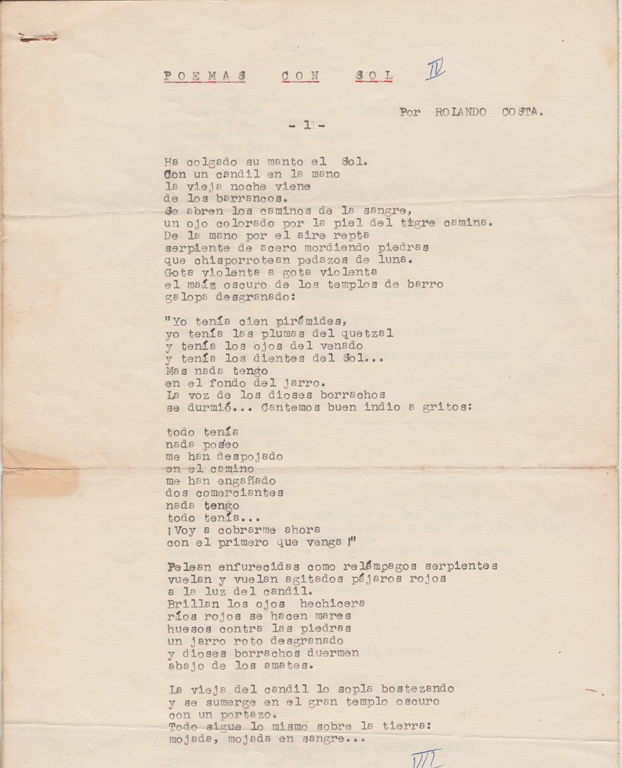 Primera página del poemario inédito de Rolando Costa "Poemas con Sol".