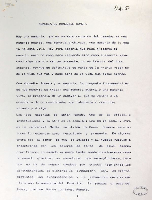 Primera página del impreso original del texto de Ignacio Ellacuría sobre Monseñor Romero, fechado por el autor en octubre de 1988.