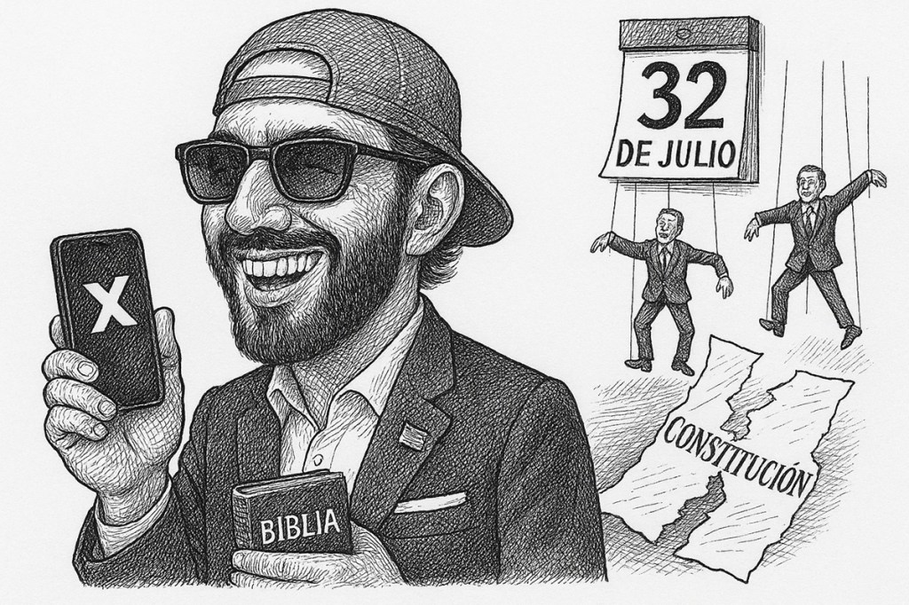Caricatura de Nayib Bukele por Lemming. El ríe sarcásticamente mientras sostiene una biblia y un celular, mientras diputados marionetas bailan bajo un calendario con la fecha 32 de julio.